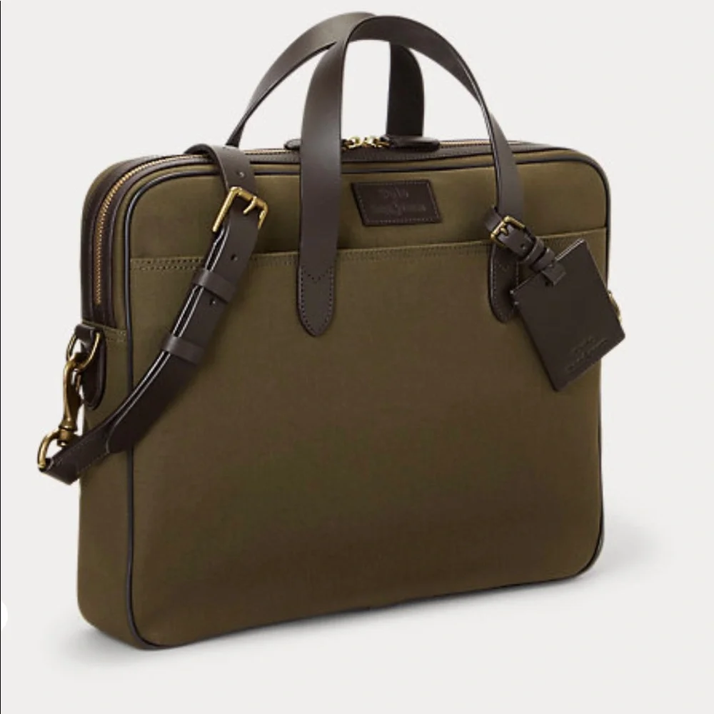 Polo Leather Trim Canvas Briefcase w/Leather ID Tag & Adj. Removeable Strap